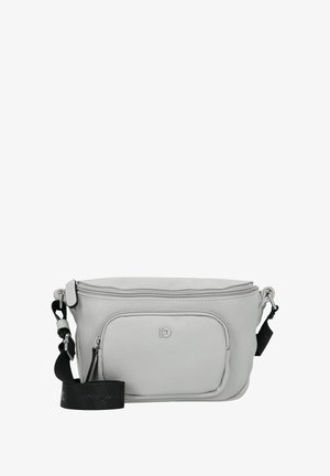 Szara skórzana torba na ramię z górnym zamkiem błyskawicznym, przednią kieszenią i regulowanym paskiem. Charakteryzuje się teksturowaną powierzchnią i subtelnym logo z przodu.