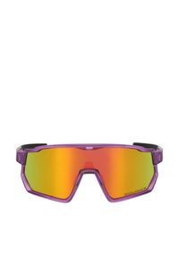 Lila Sportsonnenbrille mit sechseckigem Rahmen, verspiegelt orange-grünen Gläsern und gummierten Ohrbügeln für einen sicheren Sitz. Robuste und leichte Bauweise.