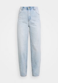 Jeans de cintura alta, azul claro, feitos de denim, com um design de perna reta e desbotamento subtil, com fecho padrão de botão e fecho zip.