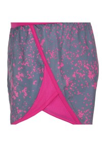 Grijze rok met een roze spetterpatroon, met een gelaagd ontwerp en een mesh onderkant. Geaccentueerd met een solide roze tailleband en bies.