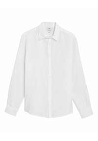 Camisa blanca de manga larga hecha de lino ligero, con cierre de botones en la parte delantera, cuello puntiagudo y un corte holgado con mangas con puños.