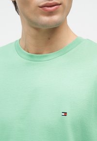 Νεαρός ενήλικας που φοράει ανοιχτό πράσινο μπλουζάκι με στρογγυλή λαιμόκοψη και μικρό ορθογώνιο κόκκινο, λευκό και βαθύ μπλε λογότυπο στο στήθος.