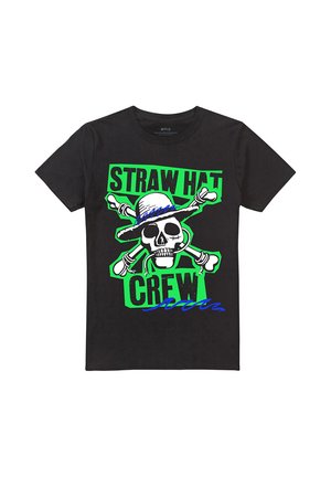 Black T-shirt with a green and blue graphic of a skull wearing a straw hat over crossed bones and the text "Straw Hat Crew."
