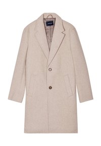 Abrigo de lana beige con solapa muesca, cierre de un solo botón marrón, dos bolsillos laterales y un forro interior suave. Silueta rectangular.