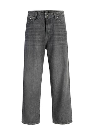 Jean denim gris à jambes larges avec poches avant, passants de ceinture et fermeture à boutons, étiqueté Jack & Jones.