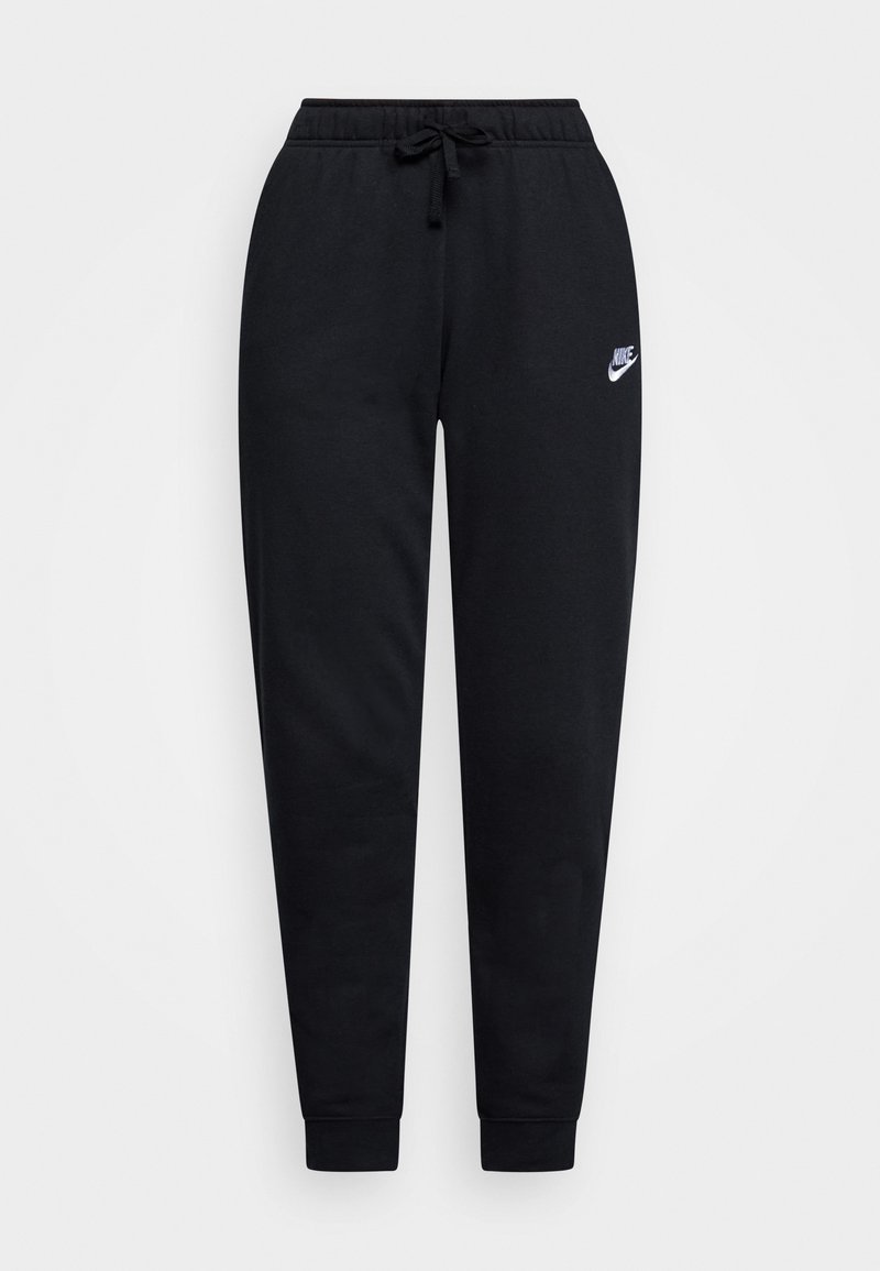 Pantalons de survêtement noirs en tissu doux, dotés d'une taille élastique avec cordon de serrage et d'un petit logo Nike blanc sur la cuisse.