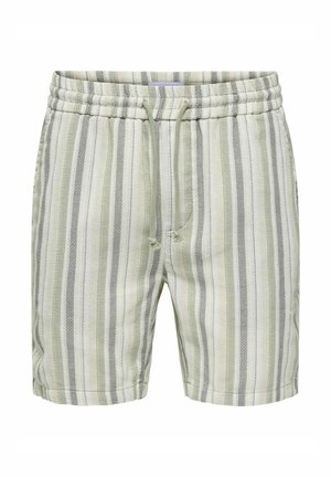 Shorts rayés aux couleurs vert clair, gris et crème. Fabriqués en tissu texturé avec une taille élastique et un cordon de serrage.