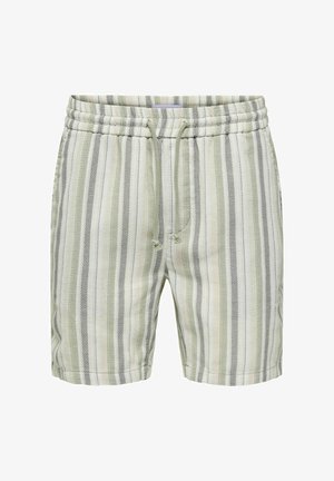 Shorts rayés aux couleurs vert clair, gris et crème. Fabriqués en tissu texturé avec une taille élastique et un cordon de serrage.