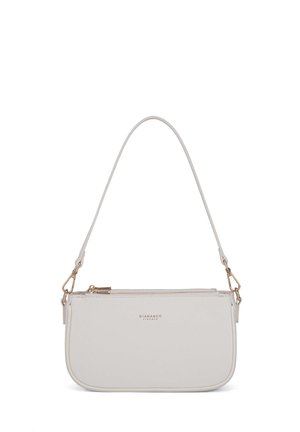White synthetic handbag with a rounded shape, smooth texture, gold-tone hardware, and an adjustable shoulder strap. Features a zippered top.