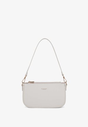 Sac à main synthétique blanc de forme arrondie, texture lisse, quincaillerie couleur or et bandoulière ajustable. Dispose d'une fermeture éclair sur le dessus.