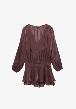 Burgundska dolga obleka z globokim V-izrezom in nabrano obrobi. Narejena iz lahkega, sijočega blaga, z naborkom in elastičnim pasom.