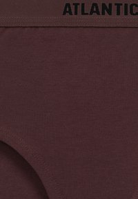 Bordowa bawełniana bielizna o gładkiej fakturze, zaokrąglonych otworach na nogi i czarnym logo "ATLANTIC" na gumce w pasie.