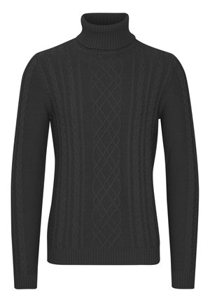 Dark grey turtleneck sweater with cable knit pattern; ribbed cuffs and hem; textured fabric with varying stitch details.
