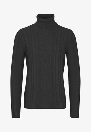 Dark grey turtleneck sweater with cable knit pattern; ribbed cuffs and hem; textured fabric with varying stitch details.