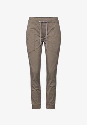 Lichte, taupe broek met een elastische tailleband, verstelbaar trekkoord, zijzakken en aansluitende boorden bij de enkels.