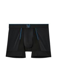 Schwarze Boxer-Shorts mit blauen Akzenten, einem Netzpaneel und einem unterstützenden Pouch. Hergestellt aus einem dehnbaren, glatten Stoff mit einem sicheren Bund.