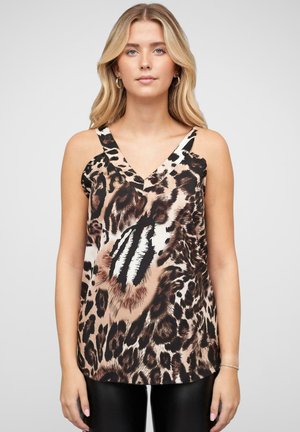 Satijnen top met een V-hals en dunne bandjes, met een luipaardprint in bruin, zwart en crème. Soepele textuur, comfortabele pasvorm.