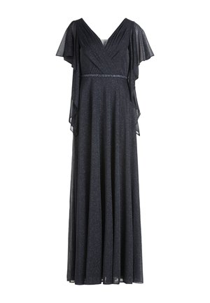 Lang sort kjole lavet af glitrende stof med V-hals, korte flagrende ærmer og en taljeret linning. Flydende nederdel ned til kanten.