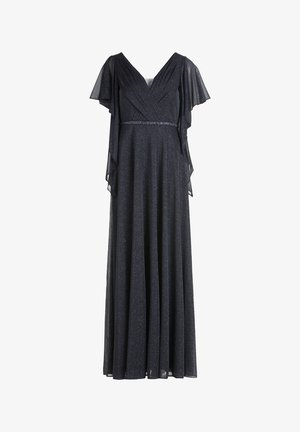 Lang sort kjole lavet af glitrende stof med V-hals, korte flagrende ærmer og en taljeret linning. Flydende nederdel ned til kanten.