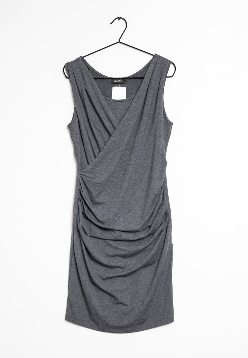 Gray sleeveless dress featuring a draped design and subtle ruching at the waist, made of soft fabric, with a round neckline.