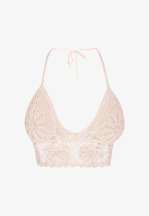 Kooritud bralet kreemjas värvitoonis, lillede mustriga, kolmnurksete tassidega ja krae sidetega. Tekstuuriga kangas, millel on peen ja avatud kudumisstruktuur.