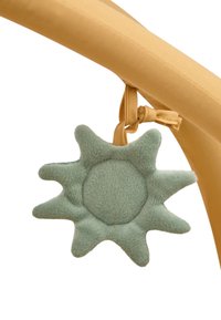 Green plush sun-shaped toy with a textured surface, attached to a yellow fabric strap, designed for infant engagement and play.