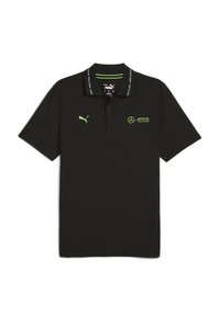 Sort polo-shirt lavet af glat stof med en to-knaps placket, grønne logoer fra Puma og Mercedes på brystet og en kontrastfarvet krave.