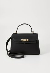 Sort strukturert håndveske laget av teksturert skinn, med topphåndtak, justerbar stropp og detaljer i gullfarge med lås.