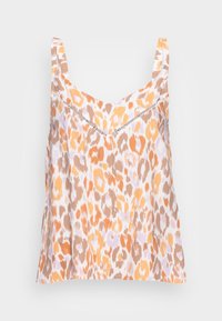Top sin mangas con un estampado de leopardo en colores naranja, beige y lila, con un escote en V y costuras decorativas a lo largo del cuello.