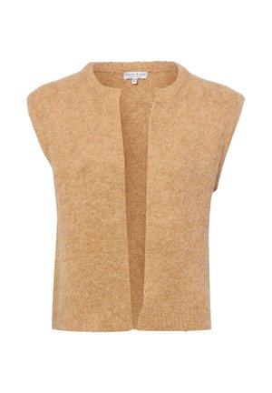 Ärmellose, offene beige Strickweste mit rundem Ausschnitt und weichem, strukturiertem Stoff, mit dem Etikett Marie Lund Copenhagen.