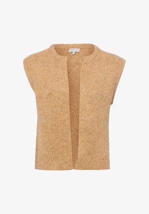 Veste sans manches beige à devant ouvert, tricotée avec un col rond et un tissu à texture douce, étiquetée Marie Lund Copenhagen.