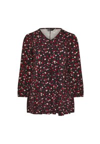 Svart blommig blus med långa ärmar, v-ringning, prydd med små röda, rosa och vita blommor. Lättviktsmaterial med en lätt dekor vid midjan.