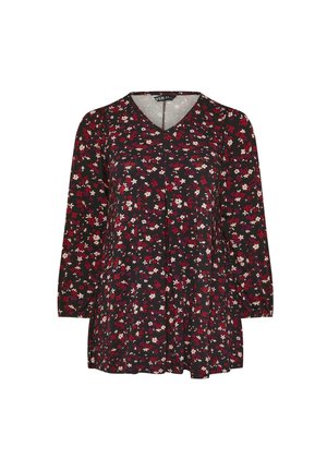 Black floral blouse with long sleeves, v-neck, featuring small red, pink, and white flowers. Lightweight fabric with a slight gather at the waist.
