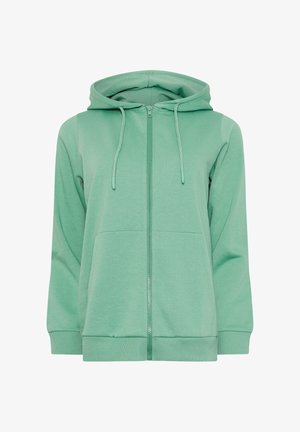 Miętowa bluza z kapturem na zamek błyskawiczny, z przednimi kieszeniami, kapturem ze sznurkiem oraz ściągaczami na mankietach i dole.