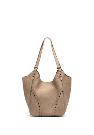 Beige textured leather tote bag with two shoulder straps and black studded detailing on the front sides.