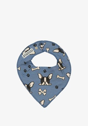Sininen puuvillabandana, jossa on kolmion muotoinen muoto, ranskalaisten bulldoggien ja luun kuvio, ommellut reunat ja nepparikiinnitys.