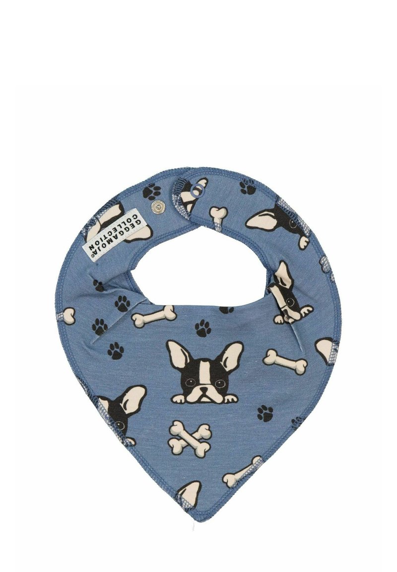 Blå bomuldsbandana i en trekantet form med et mønster af franske bulldogs og knogler, syede kanter og en trykknaplukning.