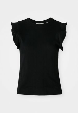 Zwarte T-shirt met korte mouwen, voorzien van textuur met ruffles op de schouders en een ronde halslijn, gemaakt van zachte, lichte stof.
