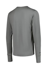 Long-sleeve shirt in gray fabric with a smooth texture, rounded neck, and fitted sleeves, featuring a logo on the lower left sleeve.