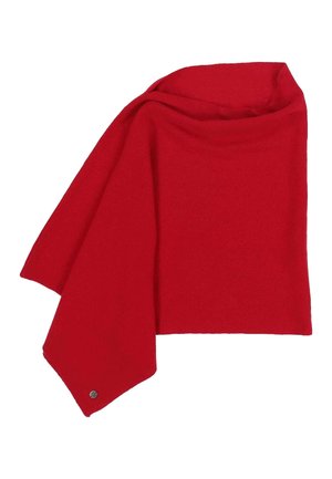 Leuchtend roter gestrickter Schal mit einem kleinen runden Metall-Logoschild an einer Ecke, flach liegend mit sanften Falten dargestellt.