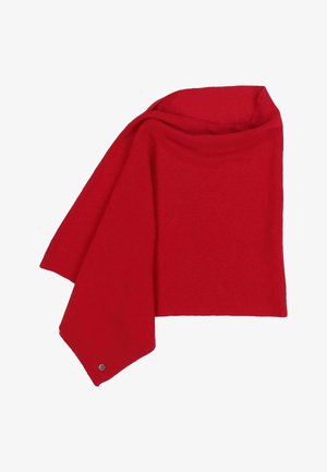 Bufanda tejida de color rojo brillante con una pequeña etiqueta redonda de metal con el logo en una esquina, exhibida plana con pliegues suaves.