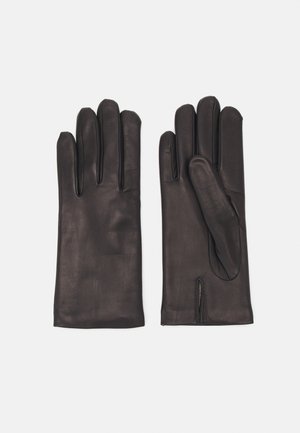 Gants en cuir noir avec une texture lisse, une coupe ajustée, des doigts allongés et un détail de couture subtil. Adaptés pour une utilisation par temps froid.