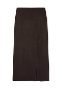 Gonna marrone scuro lunghezza ginocchio con uno spacco frontale e una vestibilità dritta e sartoriale, presentata su uno sfondo bianco.