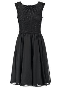 Robe noire sans manches avec un bodice en perles texturé et une jupe fluide, présentant un col rond et une longueur au genou.