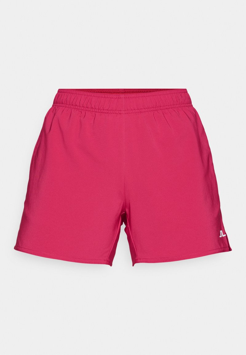 Pantalones cortos deportivos rosas con una cinturilla elástica, fabricados en material ligero. Presentan bolsillos laterales y un pequeño logotipo en el dobladillo inferior.