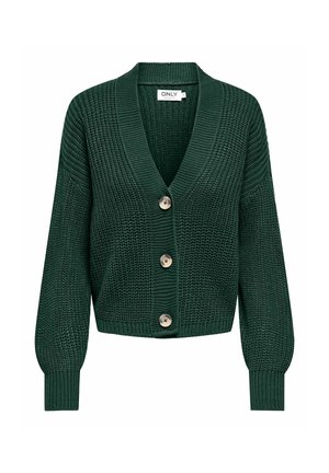 Cardigan en grosse maille vert foncé avec col en V, manches longues, poignets côtelés et trois gros boutons ronds sur le devant.