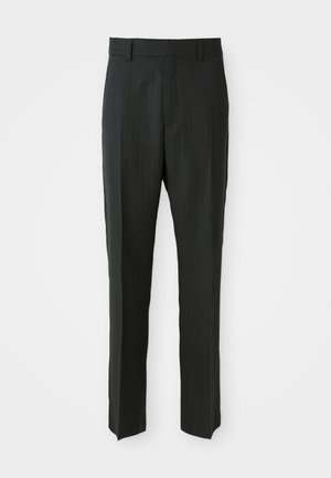 Gray pinstriped trousers with a straight leg design, featuring a smooth texture and a standard waistband. No prominent hardware or accents.