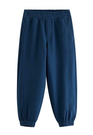Marineblauwe fleece joggerbroek met elastische tailleband en boorden, zijzakken en detail met middennaad.