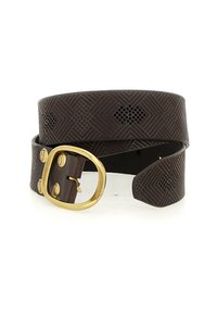 Cintura in pelle marrone con un motivo geometrico, dotata di una fibbia ovale in metallo dorato e due accenti metallici per la regolazione.