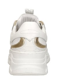 White sneaker with a textured leather upper, gold accents on the sides, and a thick white rubber sole. Features a pull tab at the back.